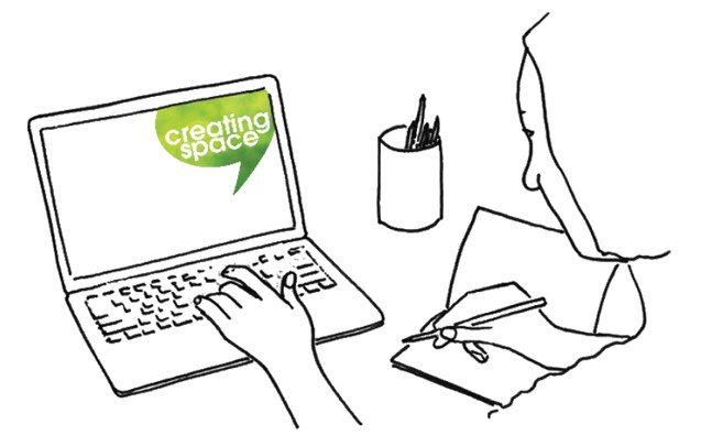 black line drawing of person sitting at a laptop with a notepad, the green creating space logo appears at the top right hand corner of the laptop screen