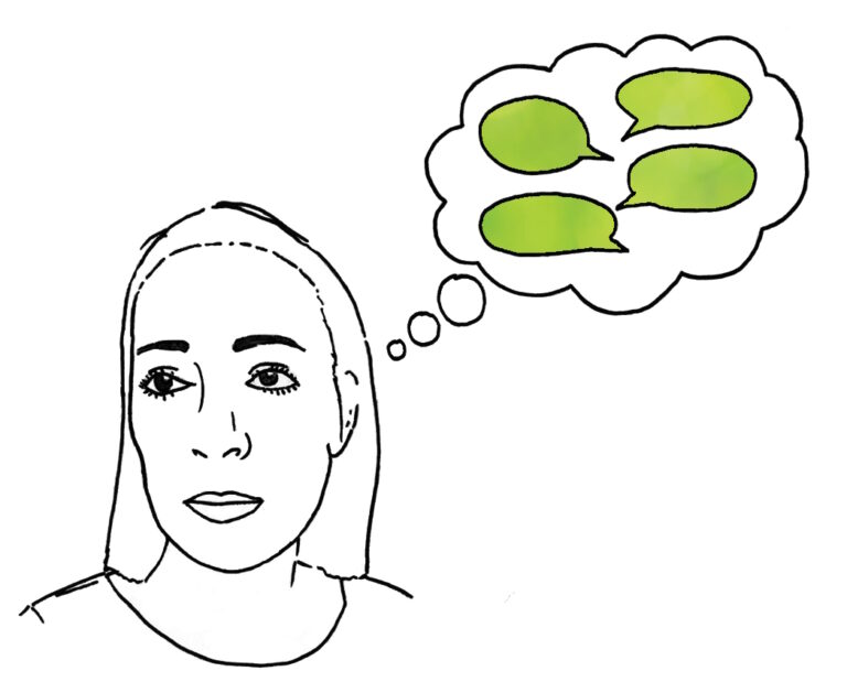 Black line drawing of head with green thought bubble