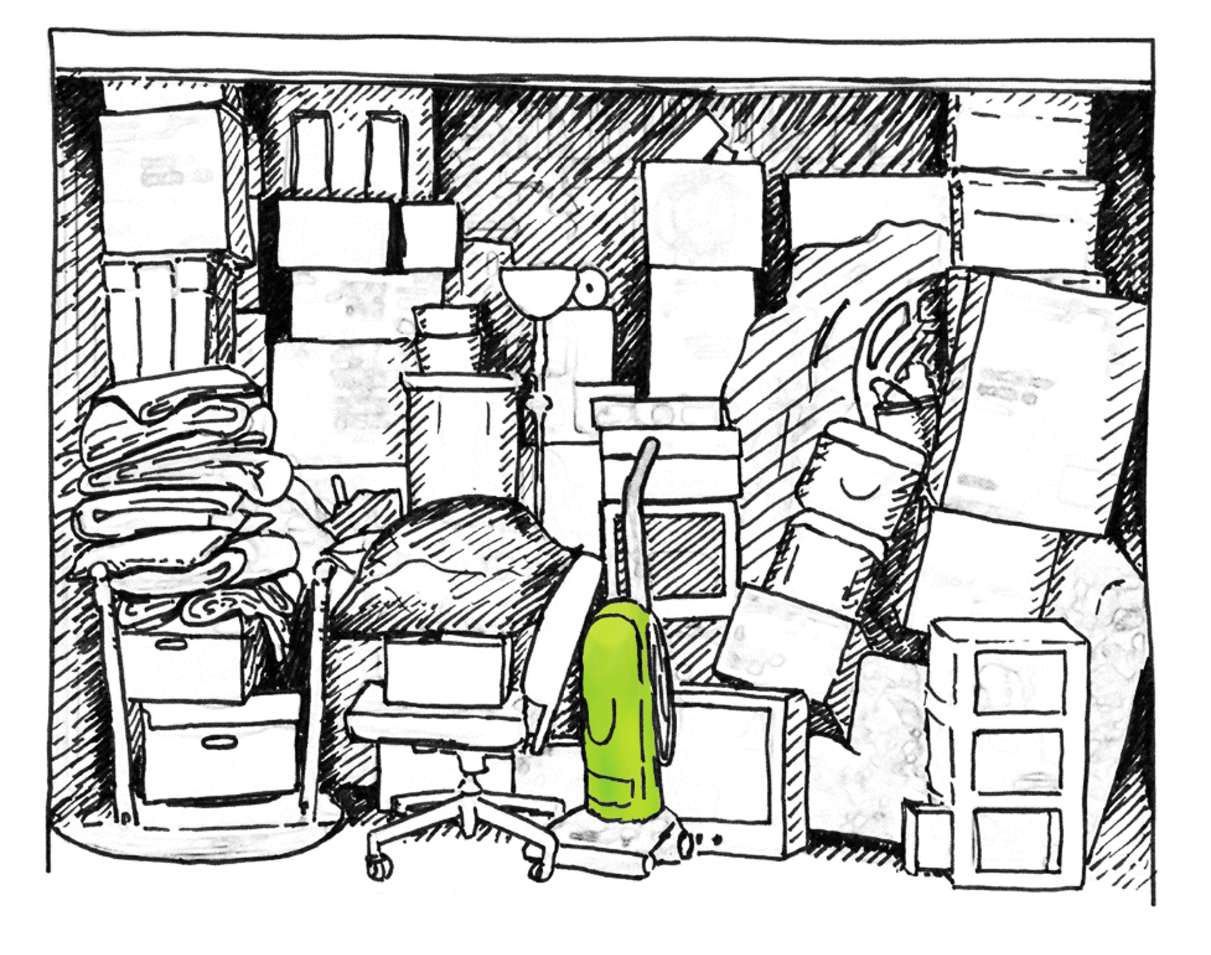 black line drawing of an open garage filled to the roof with boxes and clutter, with a green vacuum cleaner in the front