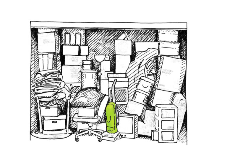 black line drawing of an open garage filled to the roof with boxes and clutter, with a green vacuum cleaner in the front