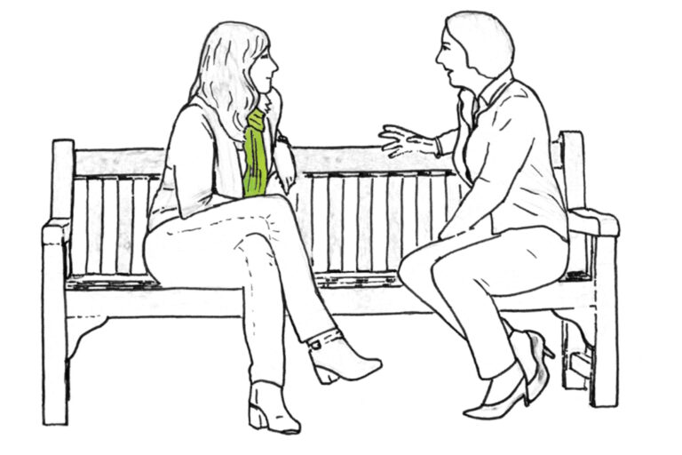 black line drawing of two women sitting on a wooden bench facing each other, deep in conversation
