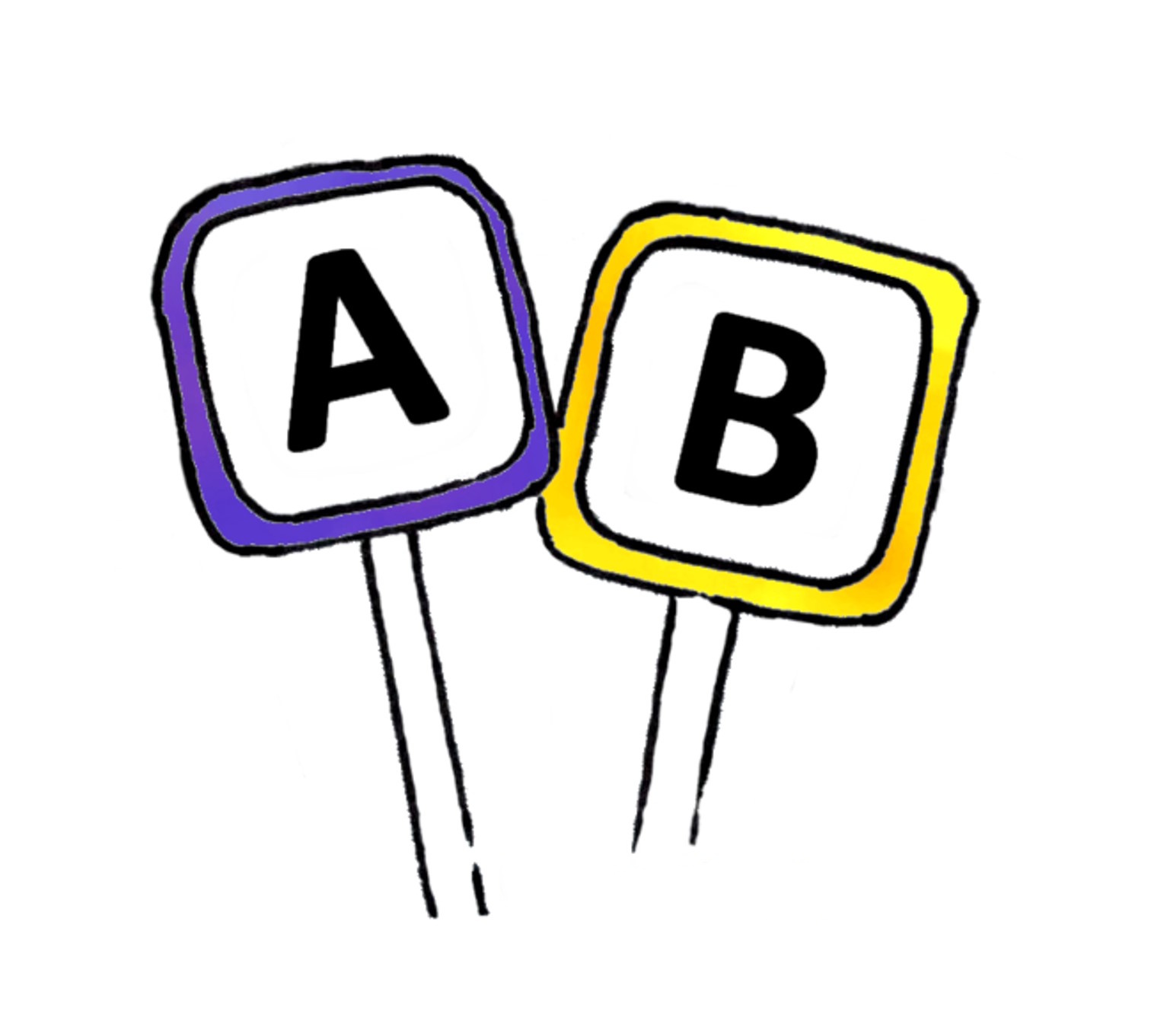 black line drawings of two signs, one with the letter A in a purple frame and the other with the letter B in a yellow frame