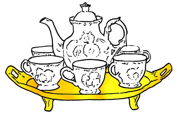 black line drawing of an antique tea set on a golden tray