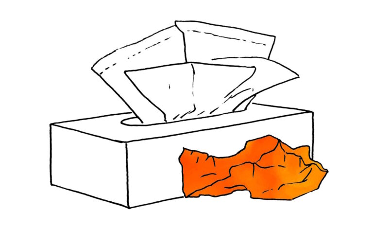 black line drawing of a box of paper tissues, with an orange crumpled tissue on the side