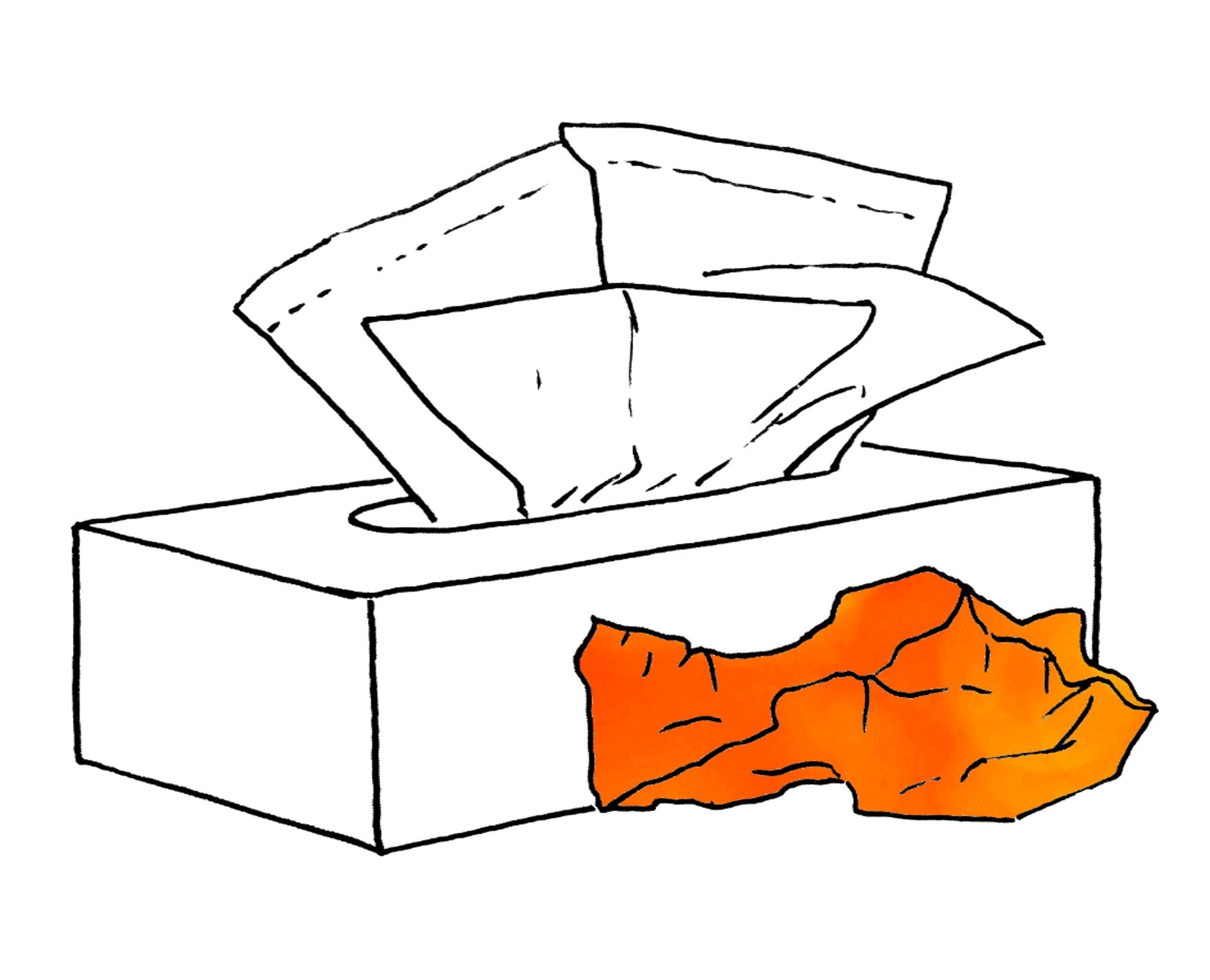 black line drawing of a box of paper tissues, with an orange crumpled tissue on the side