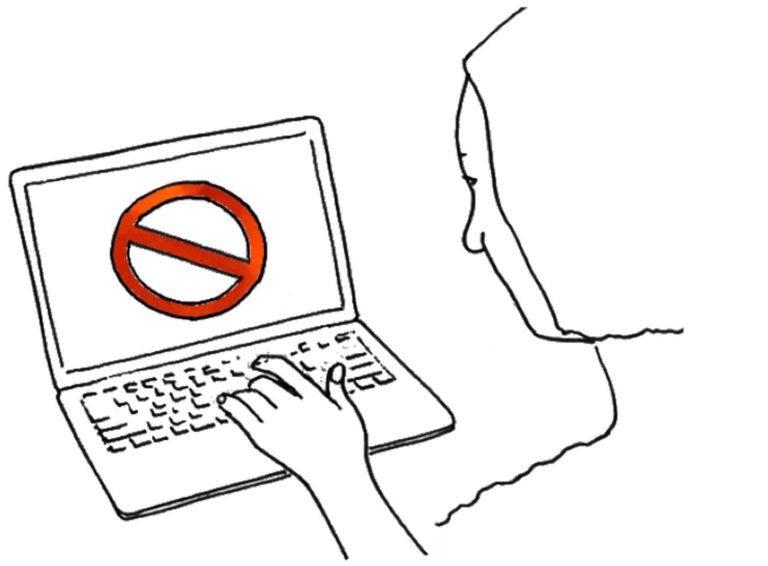 black line drawing of person sitting at a laptop with a red do not enter sign on the screen