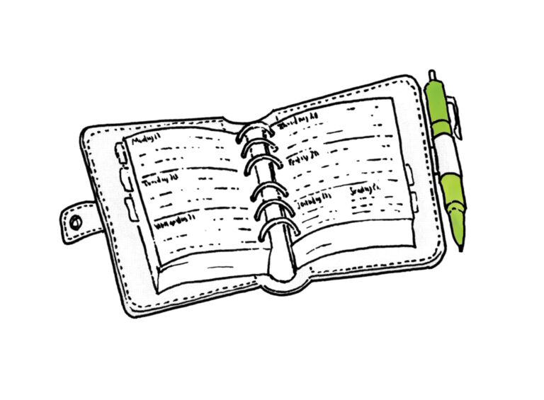 black line drawing of a ring-binder diary with a green pen