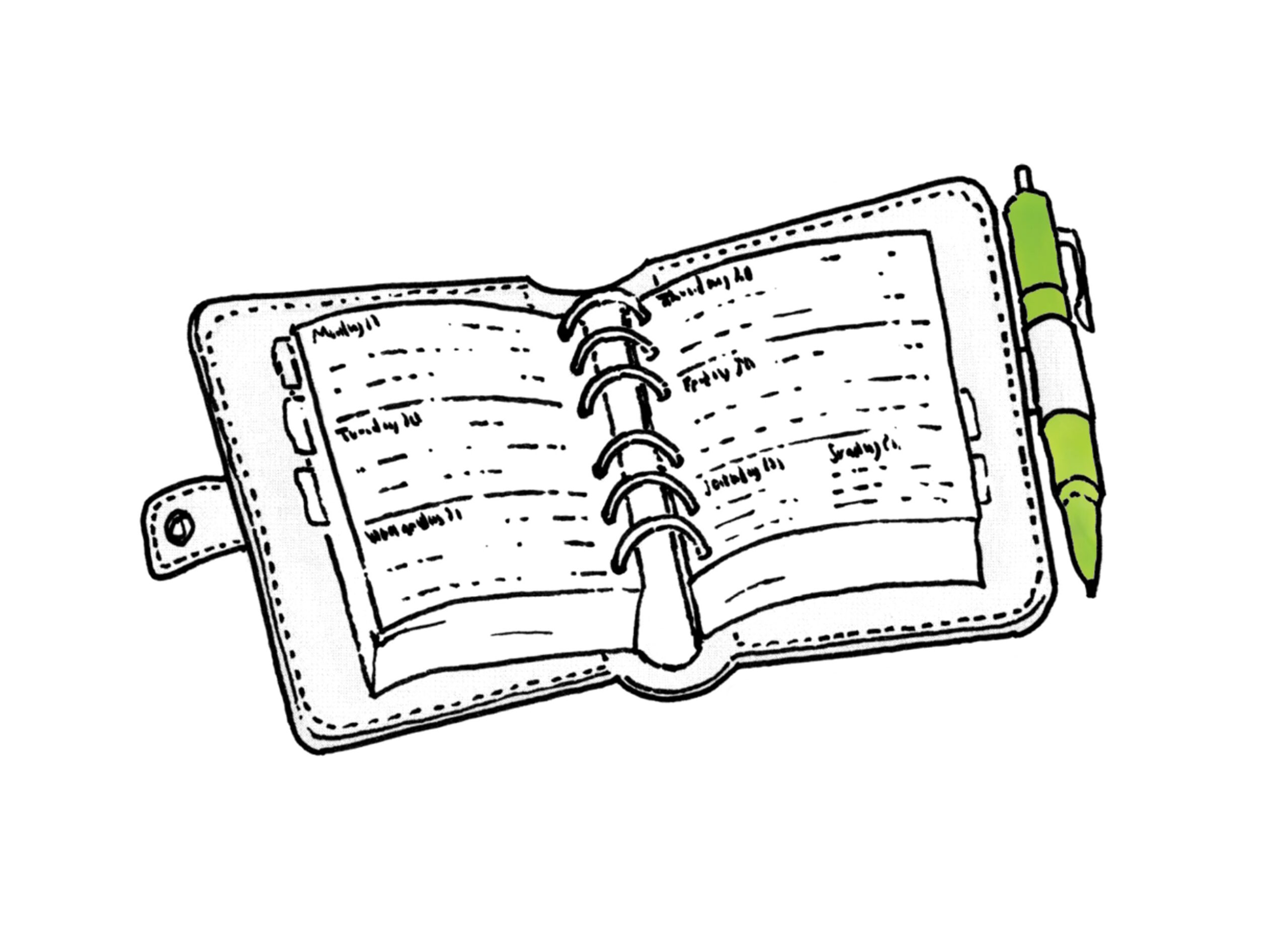 black line drawing of a ring-binder diary with a green pen