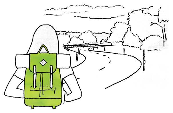 black line drawing of a girl with a green backpack, about to set off on a windy tree-lined road