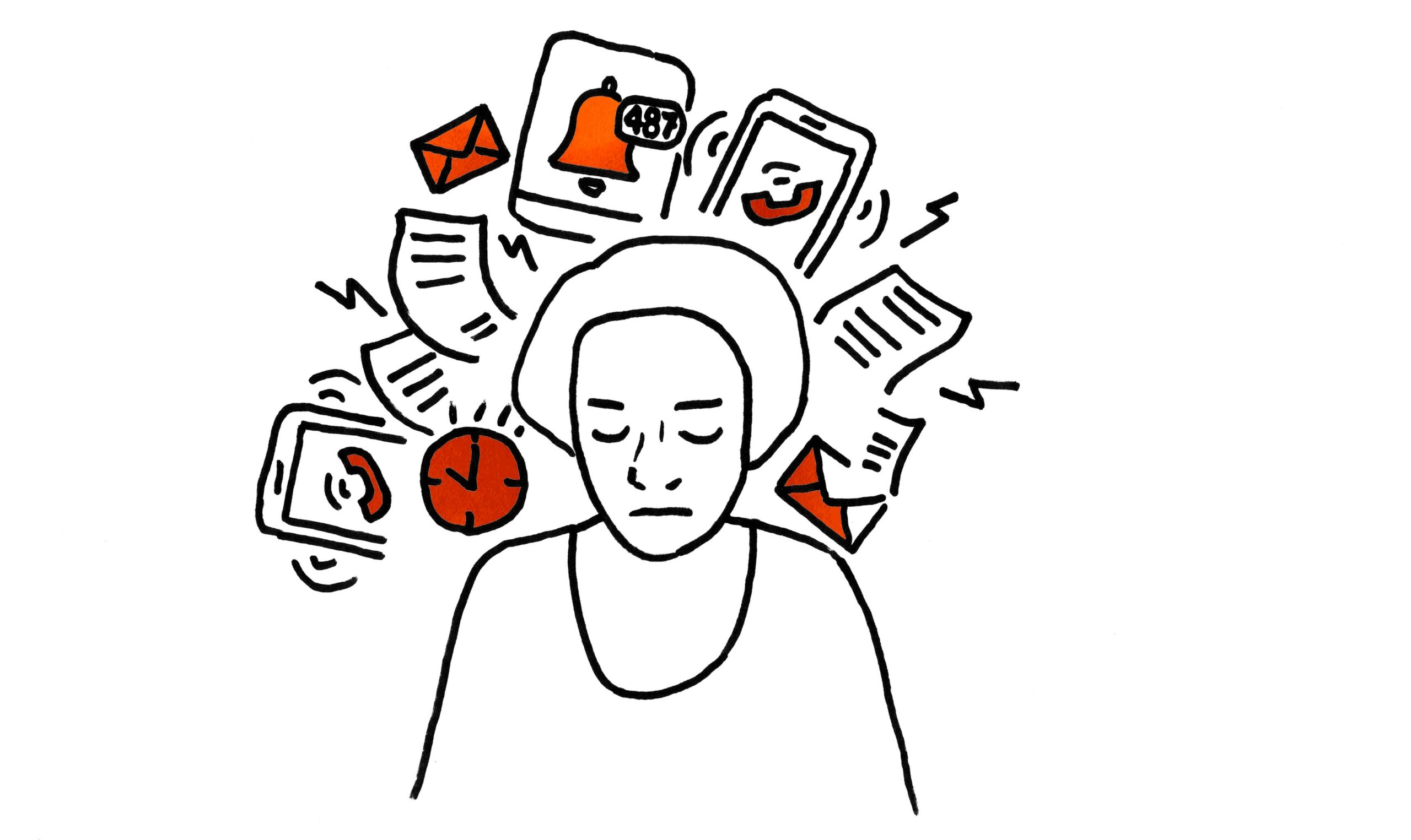 black line drawing of an overwhelmed person looking down, her head surrounded by demands on her attention