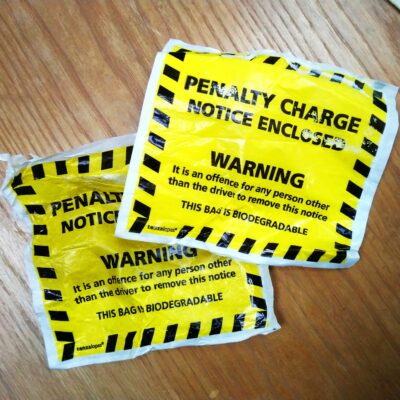 photo of two penalty notices for parking fines in their bright yellow plastic sleeves top stick on car windscreens
