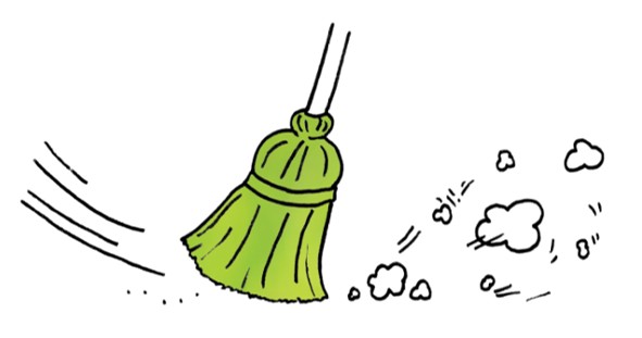 black line drawing of a sweeping broom with green bristles
