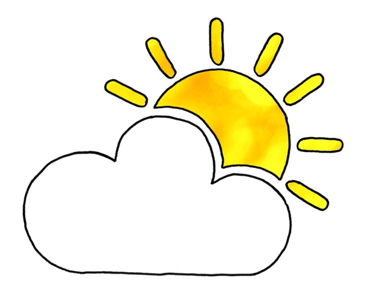 black line drawing of cloud in front of yellow sun