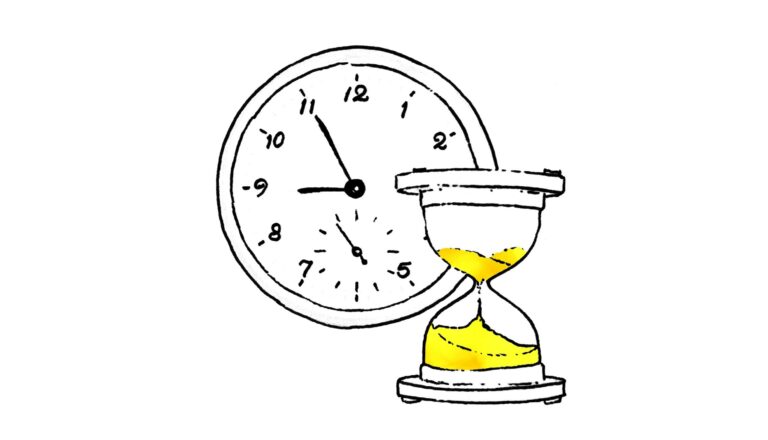 black line drawing of a clock face behind an egg timer, with the yellow sand flowing through