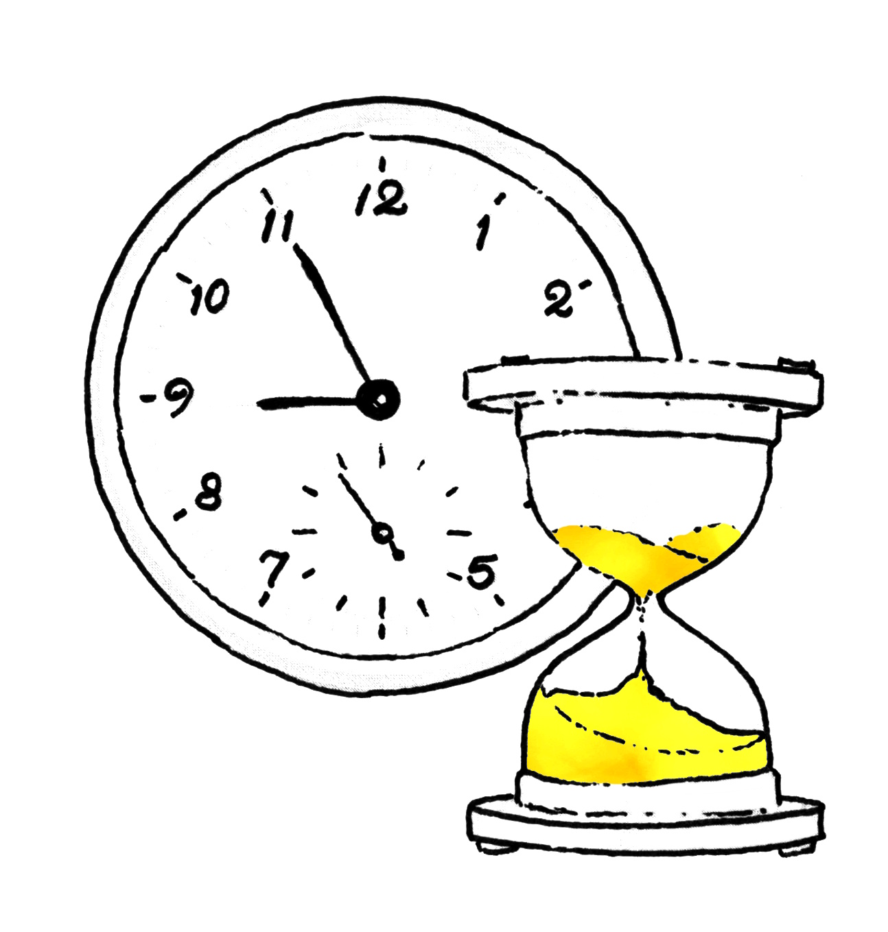 black line drawing of a clock face behind an egg timer, with the yellow sand flowing through